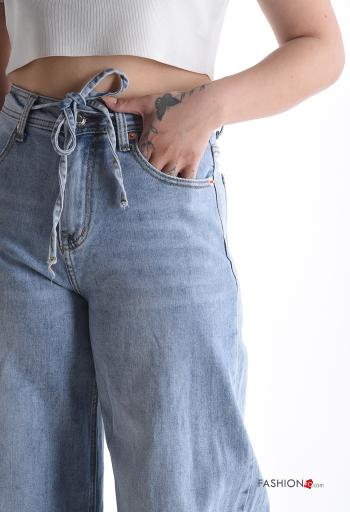 Jeans in Cotone wide leg denim vita alta con cintura in stoffa con zip con bottoni con tasche - ph 4