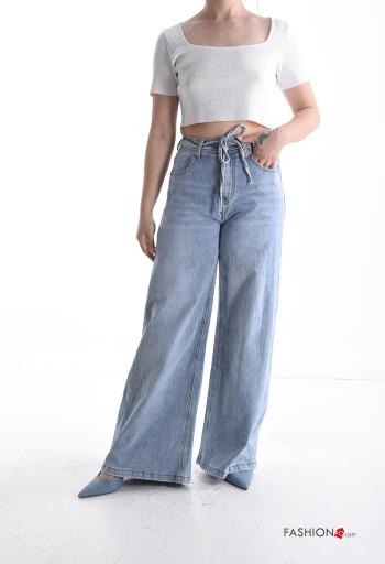 Jeans in Cotone wide leg denim vita alta con cintura in stoffa con zip con bottoni con tasche - ph 5