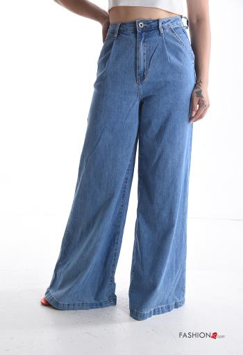 denim wide leg flared Cotton Jeans with buttons with zip with pockets
