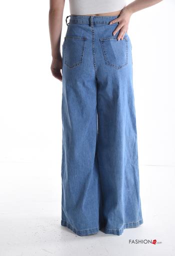denim wide leg flared Cotton Jeans with buttons with zip with pockets - ph 2