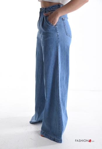 denim wide leg flared Cotton Jeans with buttons with zip with pockets - ph 3