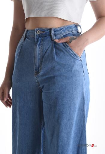 denim wide leg flared Cotton Jeans with buttons with zip with pockets - ph 4