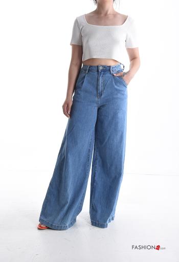 denim wide leg flared Cotton Jeans with buttons with zip with pockets - ph 5