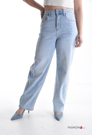 Jeans in Cotone vita alta wide leg con tasche con bottoni con zip - ph 1