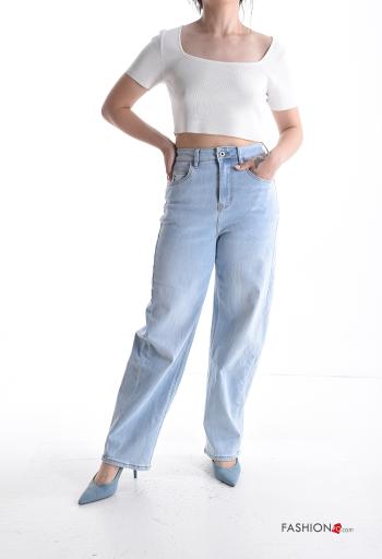 Jeans in Cotone vita alta wide leg con tasche con bottoni con zip - ph 5