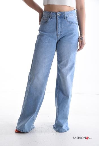 wide leg long denim Cotton Jeans with buttons with zip with pockets