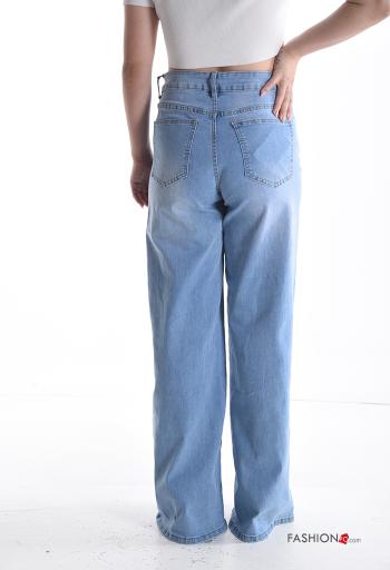 wide leg long denim Cotton Jeans with buttons with zip with pockets - ph 2