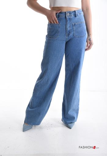 wide leg long denim Cotton Jeans with buttons with zip with pockets - ph 1