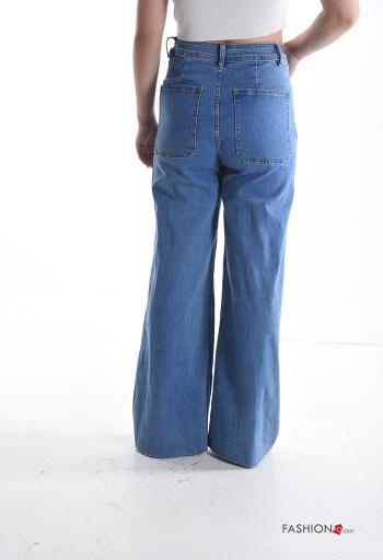 wide leg long denim Cotton Jeans with buttons with zip with pockets - ph 2