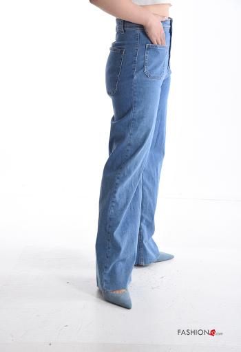 wide leg long denim Cotton Jeans with buttons with zip with pockets - ph 3