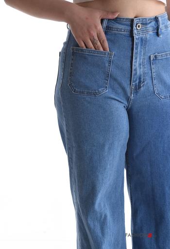wide leg long denim Cotton Jeans with buttons with zip with pockets - ph 4