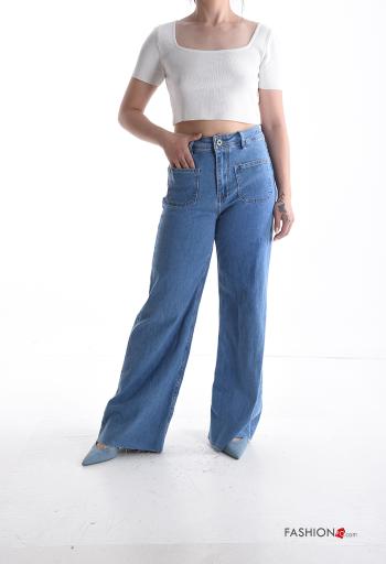 wide leg long denim Cotton Jeans with buttons with zip with pockets - ph 5