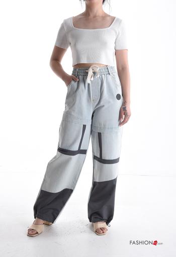 wide leg Cotton Jeans with drawstring with elastic with pockets - ph 5