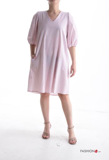 Streifenmuster ballonärmel Kleid aus Baumwolle mit Taschen 3/4 ärmel mit V-Ausschnitt