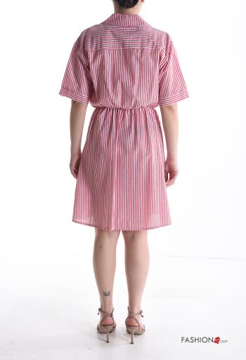 Robe en Coton à genoux à collet manches courtes Imprimé à rayures à boutons à noeud - ph 2