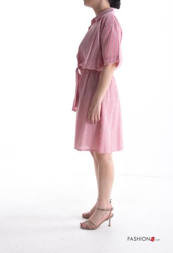 Robe en Coton à genoux à collet manches courtes Imprimé à rayures à boutons à noeud - ph 3