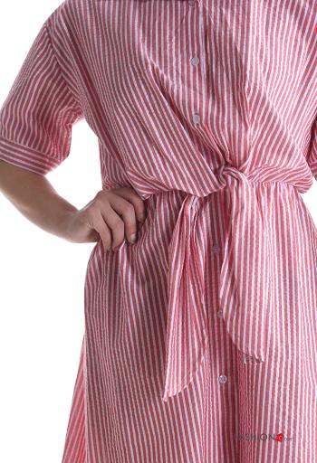 Robe en Coton à genoux à collet manches courtes Imprimé à rayures à boutons à noeud - ph 4