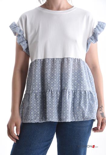 T-shirt de Algodón manga corta cuello redondo Patrón bordado con volantes - ph 1