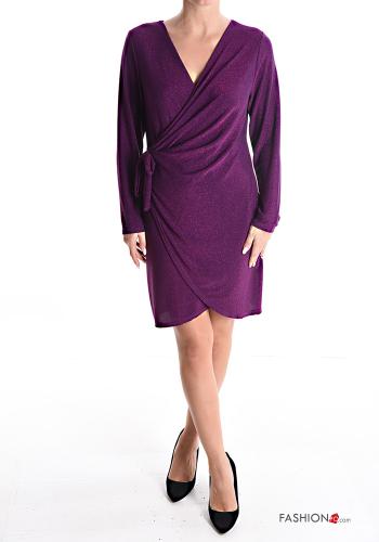 long sleeve knee-length lurex Dress with bow with v-neck