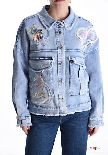 Embroidered denim Cotton Jacket with sequins with buttons with fringe with pockets