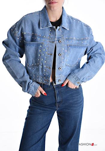 denim Cotton Jacket with buttons with rhinestones with pockets