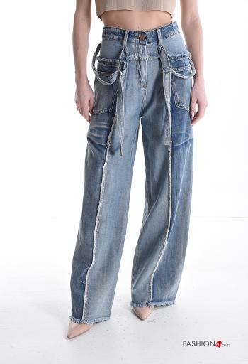high waist wide leg Cotton Jeans with buttons with zip with pockets