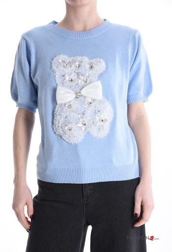 Maglione maniche corte girocollo Fantasia con peluche con strass