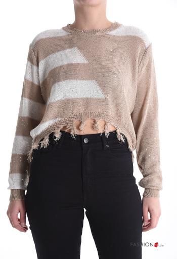 Maglione corto maniche lunghe girocollo Fantasia righe con frange