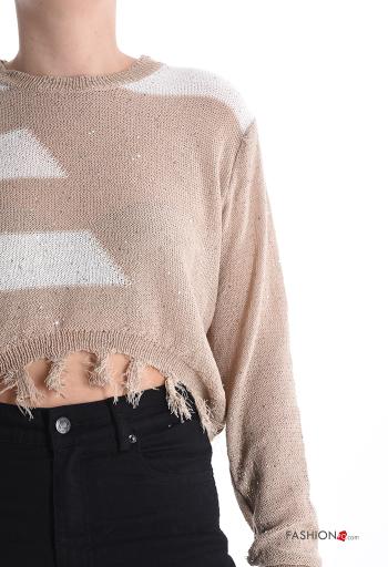 Maglione corto maniche lunghe girocollo Fantasia righe con frange - ph 4