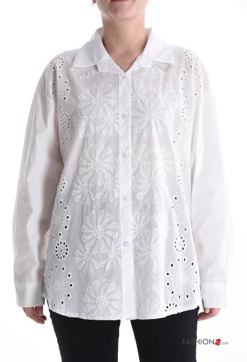 Embroidered long sleeve with collar Cotton Shirt with buttons broderie anglaise - ph 1