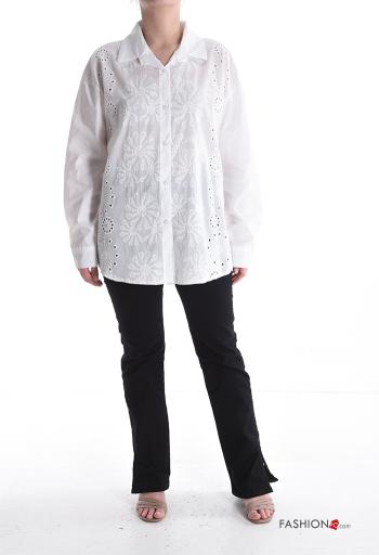 Embroidered long sleeve with collar Cotton Shirt with buttons broderie anglaise - ph 5