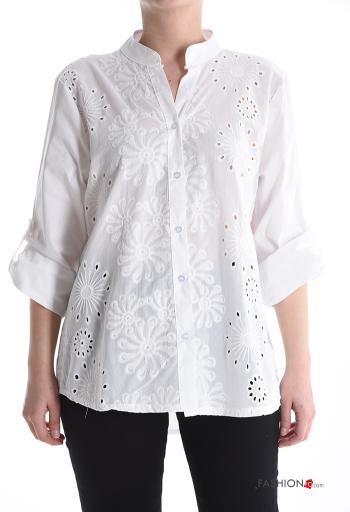 Chemise en Coton à broderie à boutons manches à trois-quarts