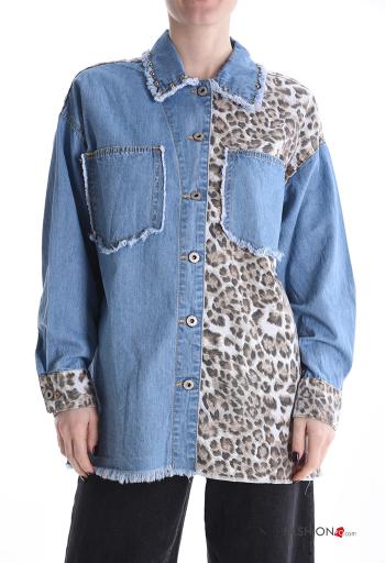 Chemise en Coton manches longues en denim à collet Imprimé animalier à boutons avec poches