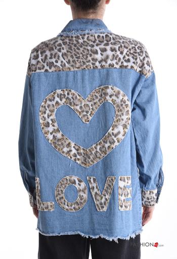 Chemise en Coton manches longues en denim à collet Imprimé animalier à boutons avec poches - ph 2