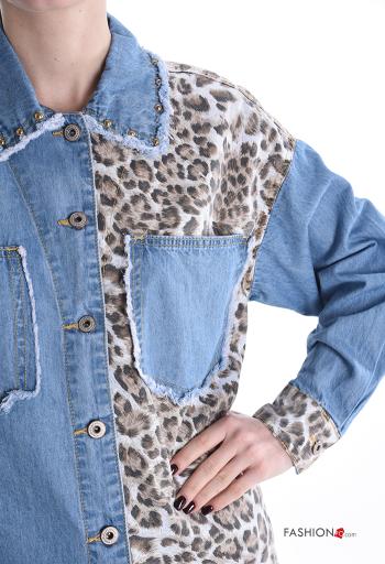Chemise en Coton manches longues en denim à collet Imprimé animalier à boutons avec poches - ph 4