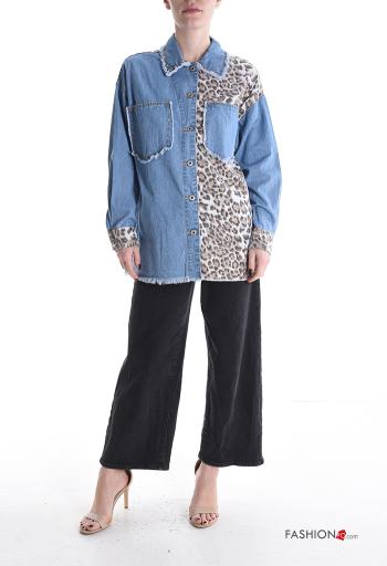 Chemise en Coton manches longues en denim à collet Imprimé animalier à boutons avec poches - ph 5