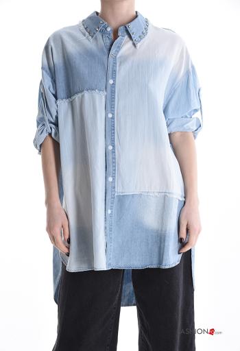 Chemise en Coton asymétrique en denim à collet à boutons avec strass