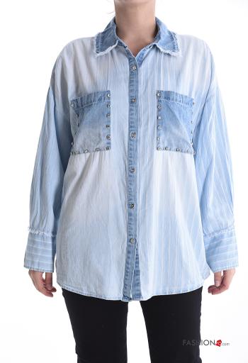 Chemise en Coton manches longues à collet Imprimé à rayures à boutons avec strass avec poches