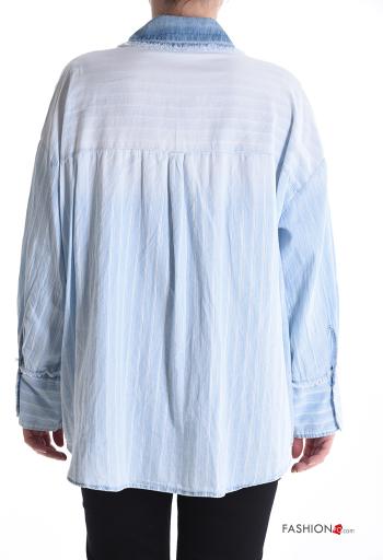 Chemise en Coton manches longues à collet Imprimé à rayures à boutons avec strass avec poches - ph 2