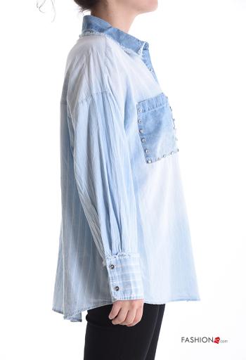Chemise en Coton manches longues à collet Imprimé à rayures à boutons avec strass avec poches - ph 3
