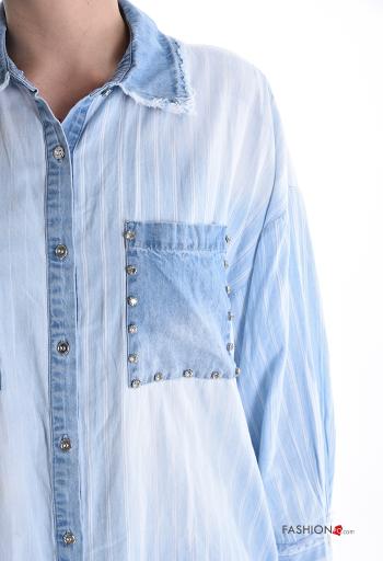 Chemise en Coton manches longues à collet Imprimé à rayures à boutons avec strass avec poches - ph 4