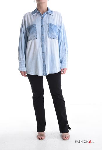 Chemise en Coton manches longues à collet Imprimé à rayures à boutons avec strass avec poches - ph 5