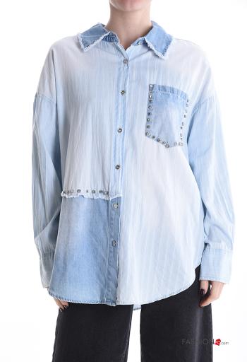 Chemise en Coton manches longues à collet Imprimé à rayures à boutons avec strass avec poches