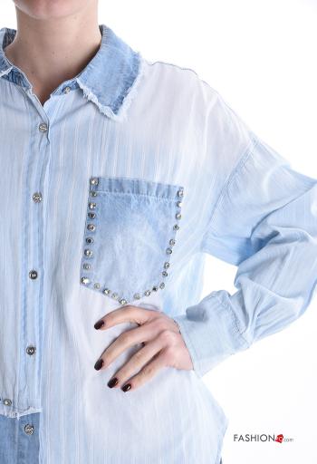 Chemise en Coton manches longues à collet Imprimé à rayures à boutons avec strass avec poches - ph 4