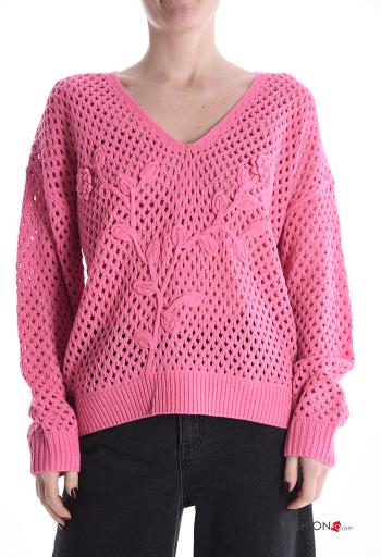 Pull en Coton au crochet filet de pêche manches longues à broderie à col en V