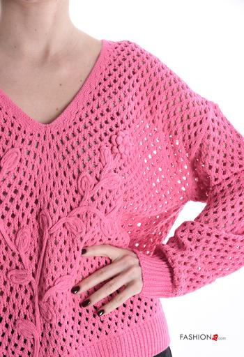 Pull en Coton au crochet filet de pêche manches longues à broderie à col en V - ph 4
