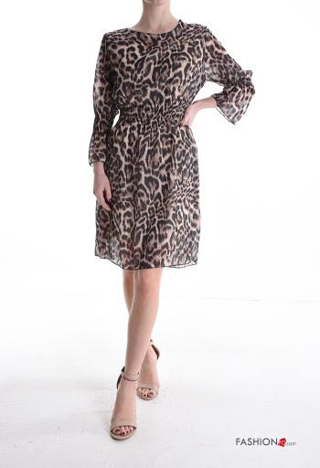 Animal print chiffon crew neck long sleeve knee-length Dress with elastic