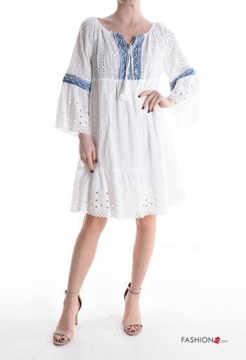 Embroidered knee-length Cotton Dress broderie anglaise 3/4 sleeve with string with flounces