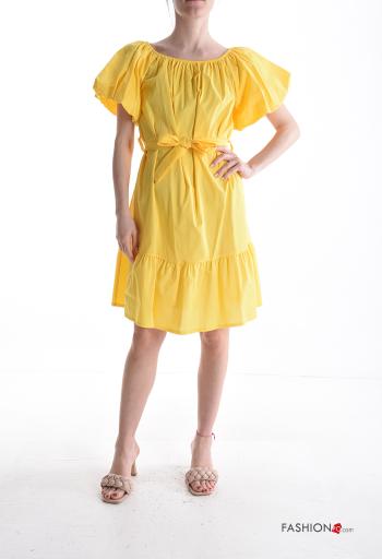 short sleeve knee-length Cotton Dress with fabric belt with elastic with flounces