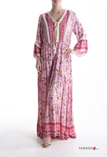 Abito maniche lunghe lungo Fantasia mista con balze scollo a V